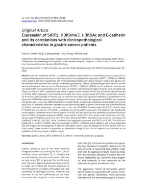 Original Article Expression of SIRT1, H3k9me3, H3k9ac and E-Cadherin and Its Correlations with Clinicopathological Characteristics in Gastric Cancer Patients