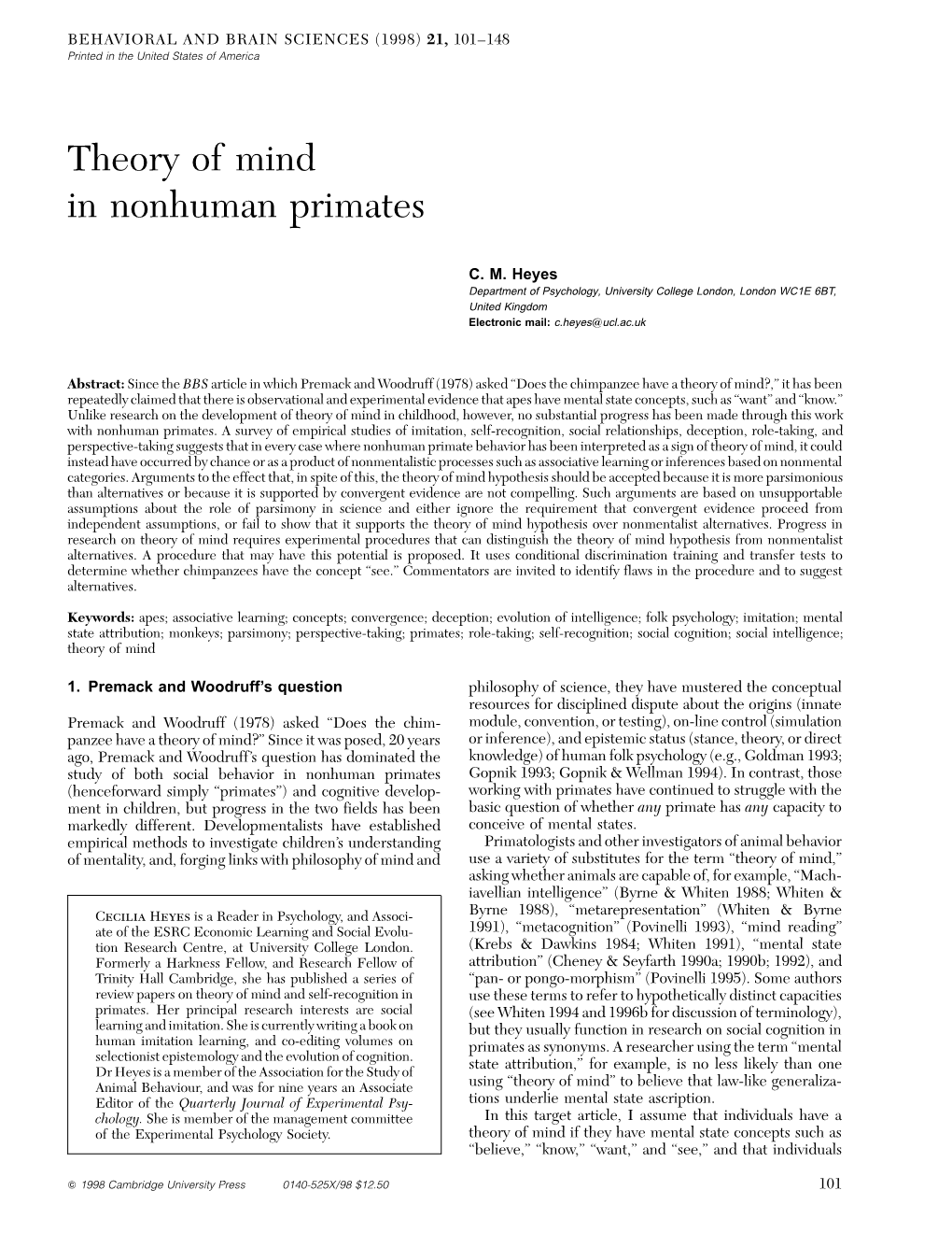 Theory of Mind in Nonhuman Primates