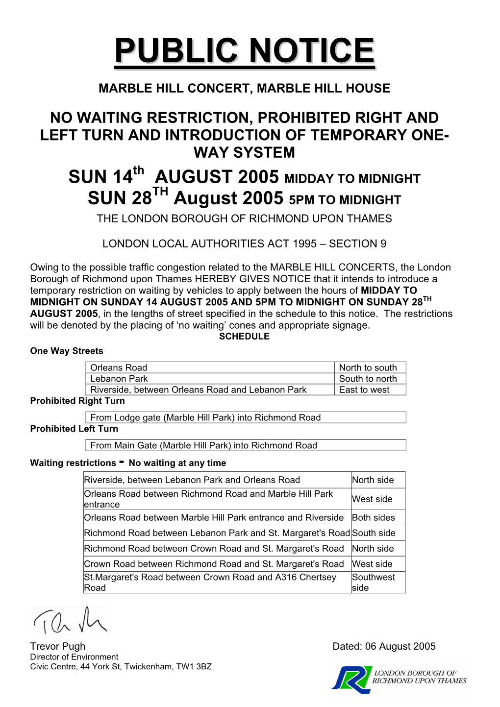 Marble Hill Concerts Parking Notice
