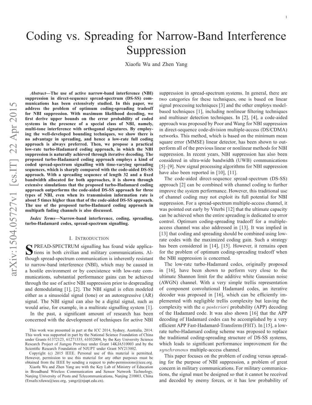 Coding Vs. Spreading for Narrow-Band Interference Suppression
