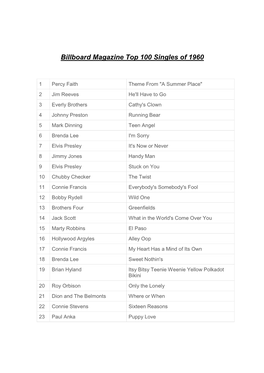 Billboard Magazine Top 100 Singles of 1960