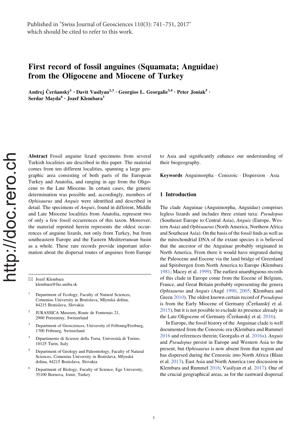 First Record of Fossil Anguines (Squamata; Anguidae) from the Oligocene and Miocene of Turkey