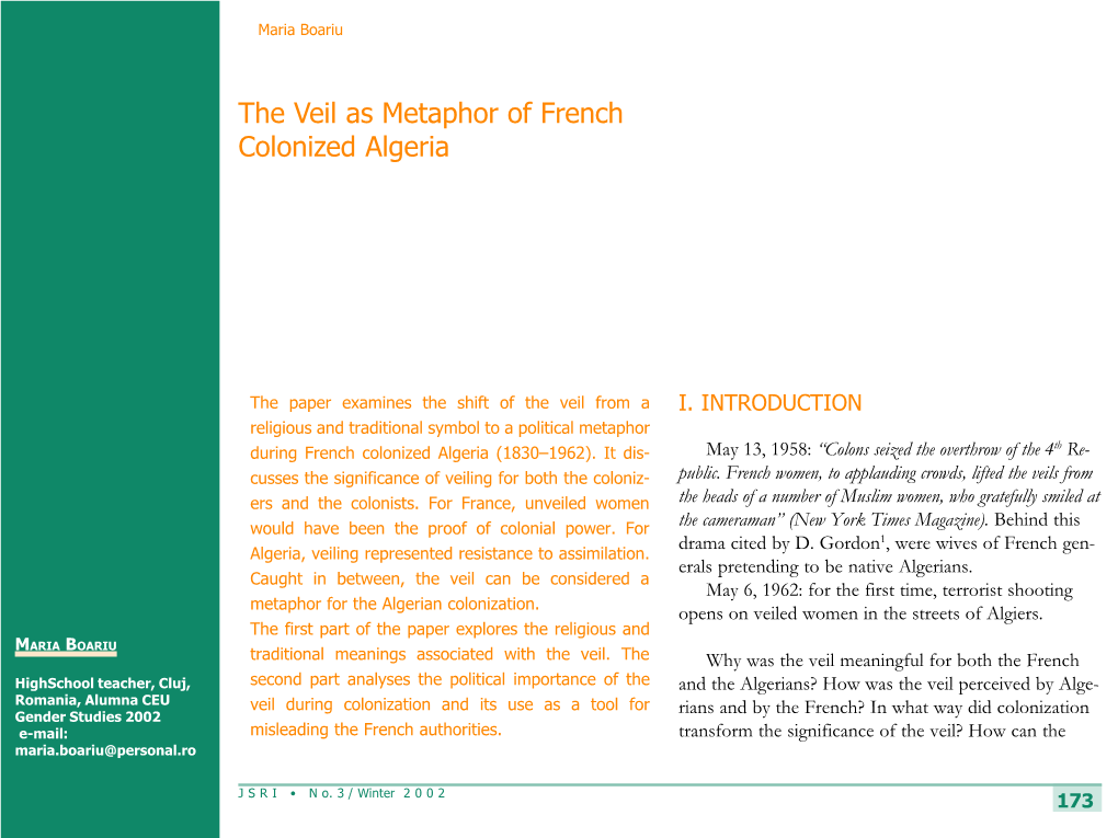 The Veil As Metaphor of French Colonized Algeria