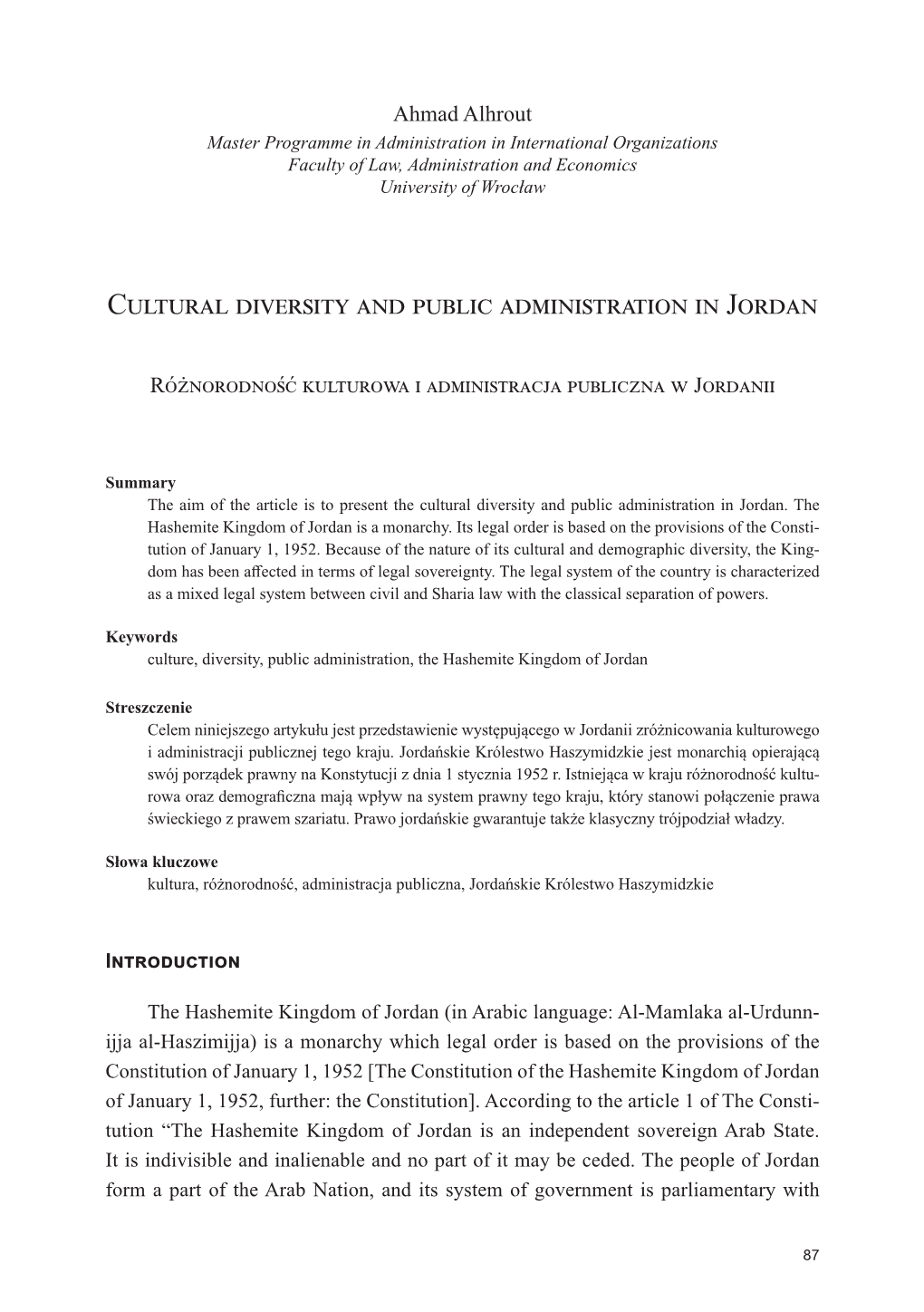 Cultural Diversity and Public Administration in Jordan ; Różnorodność Kulturowa I Administracja Publiczna W Jordanii