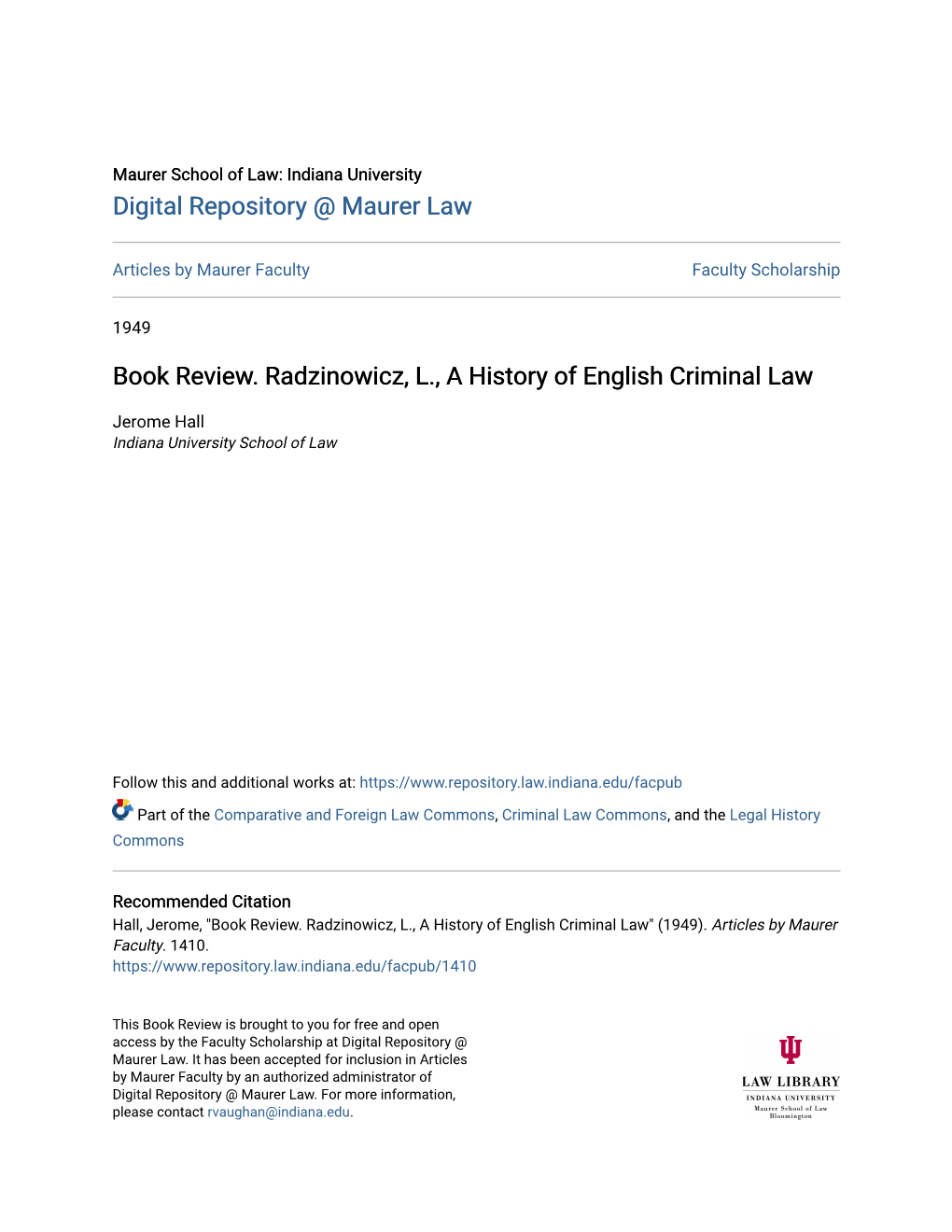 Book Review. Radzinowicz, L., a History of English Criminal Law