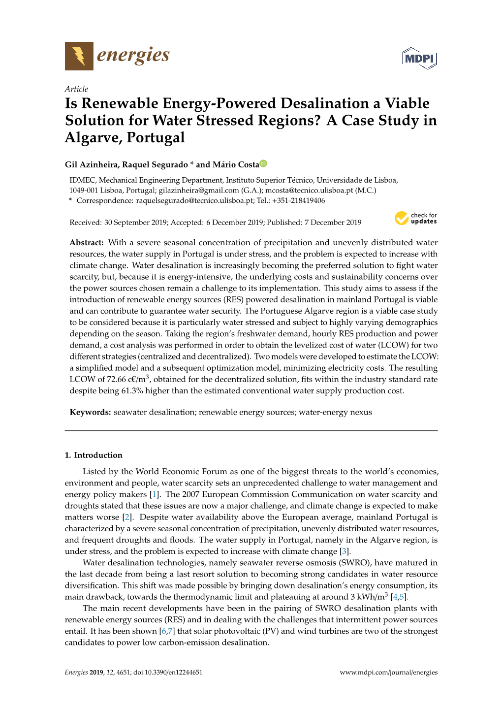 Is Renewable Energy-Powered Desalination a Viable Solution for Water Stressed Regions? a Case Study in Algarve, Portugal