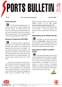 Sports Surveys Research Programme 2001/2002 Outstanding Junior