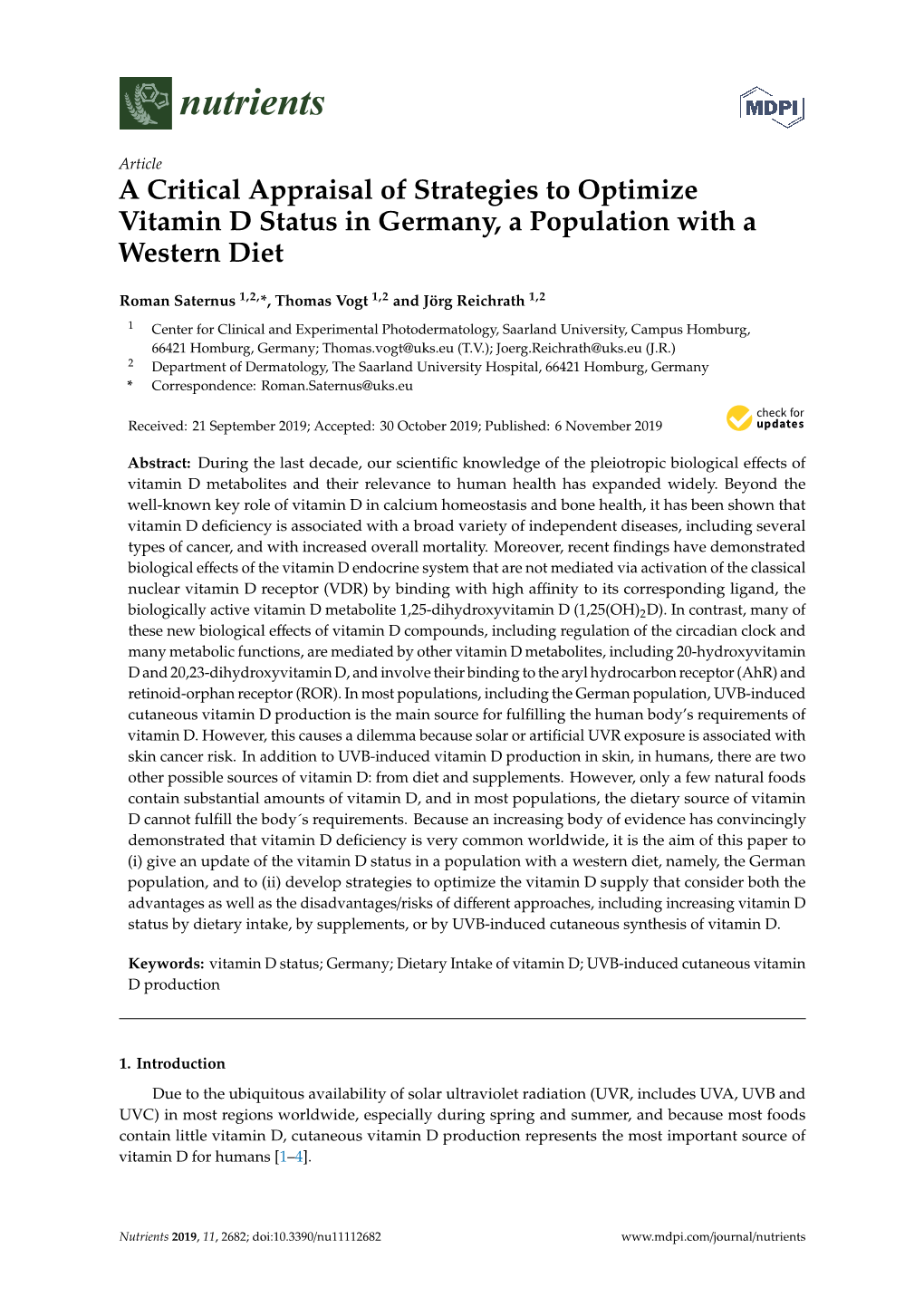 A Critical Appraisal of Strategies to Optimize Vitamin D Status in Germany, a Population with a Western Diet