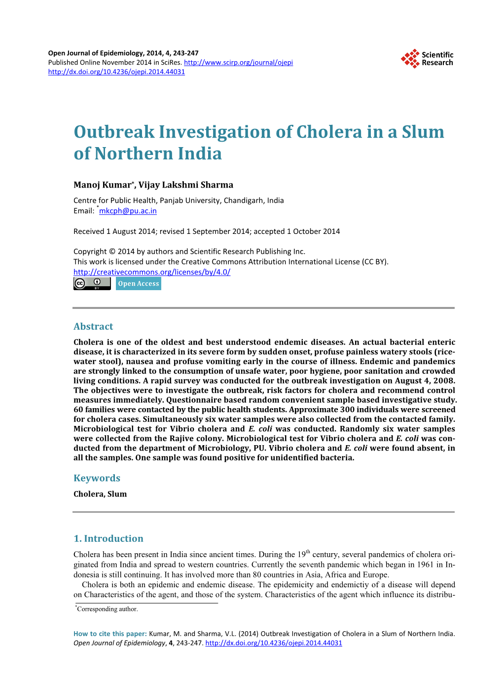 Outbreak Investigation of Cholera in a Slum of Northern India
