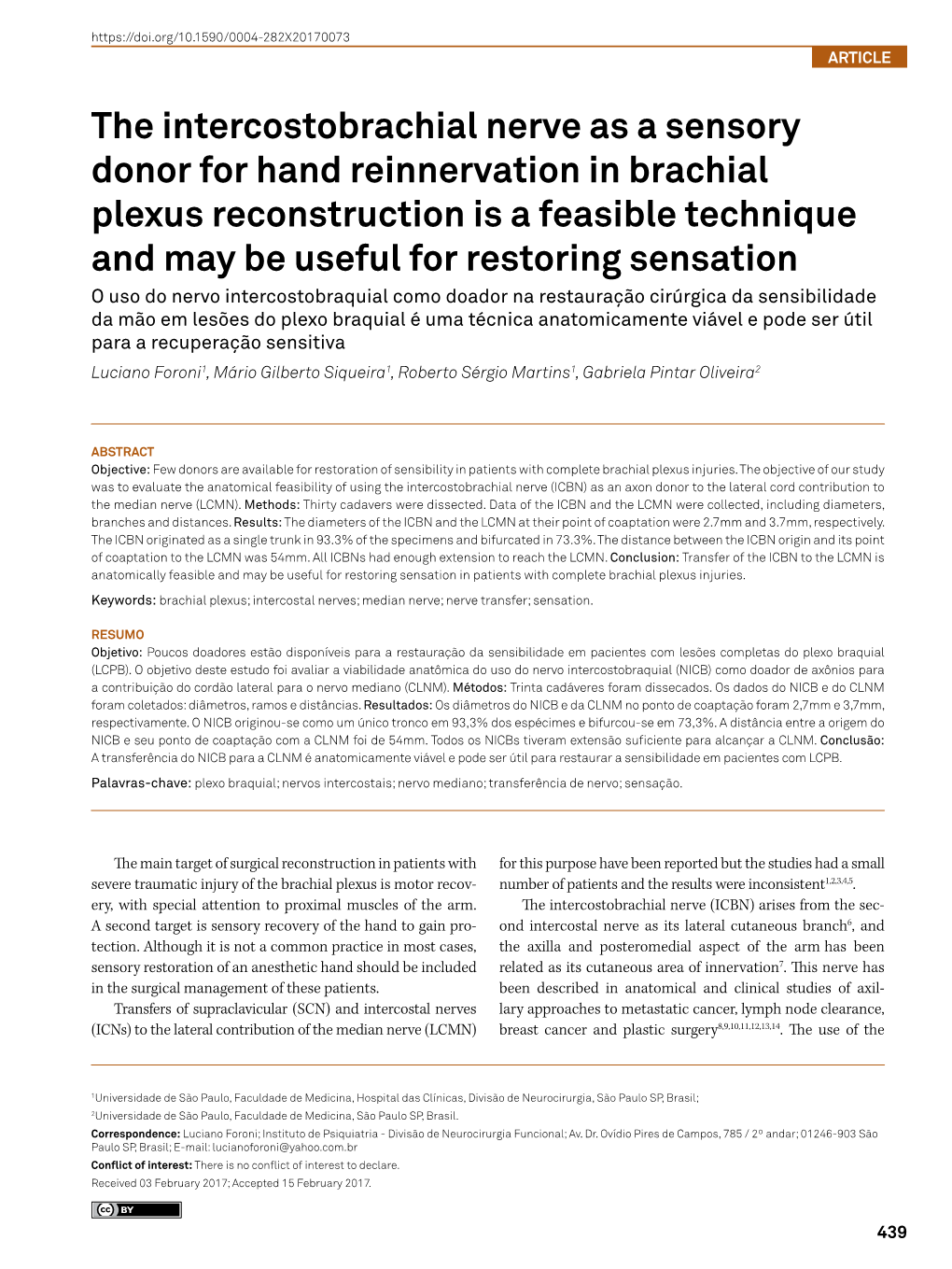 The Intercostobrachial Nerve As a Sensory Donor for Hand Reinnervation in Brachial Plexus Reconstruction Is a Feasible Technique