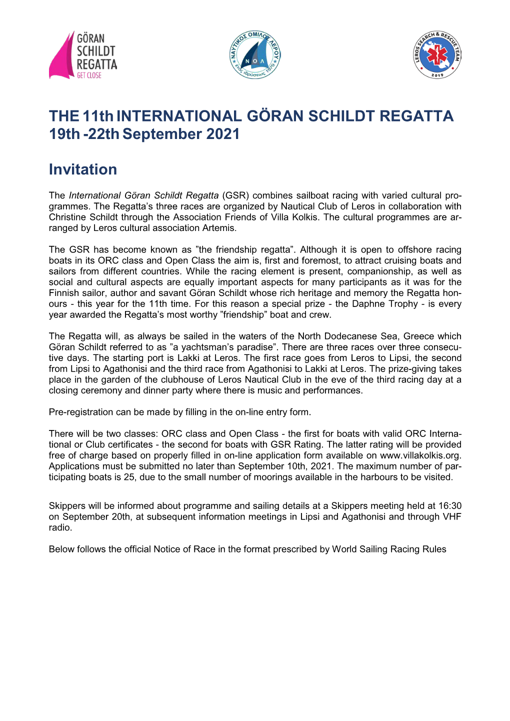 The11thinternational GÖRAN SCHILDT REGATTA 19Th-22Thseptember 2021 Invitation