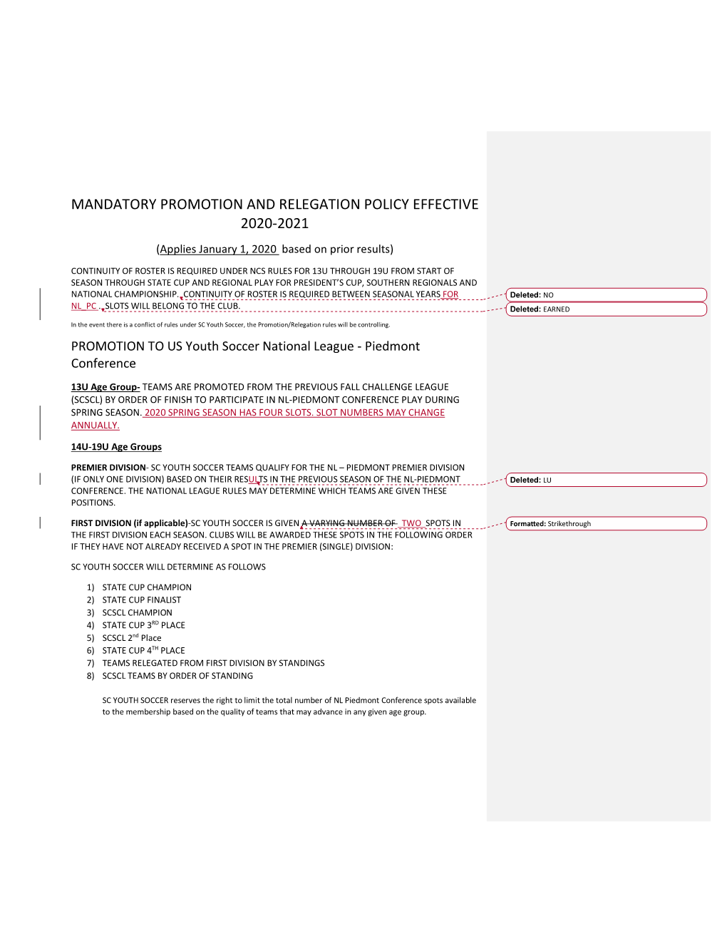 MANDATORY PROMOTION and RELEGATION POLICY EFFECTIVE 2020-2021 (Applies January 1, 2020 Based on Prior Results)