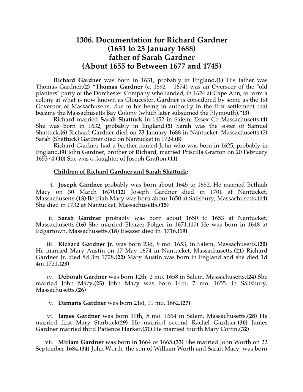 1306. Documentation for Richard Gardner (1631 to 23 January 1688) Father of Sarah Gardner (About 1655 to Between 1677 and 1745)