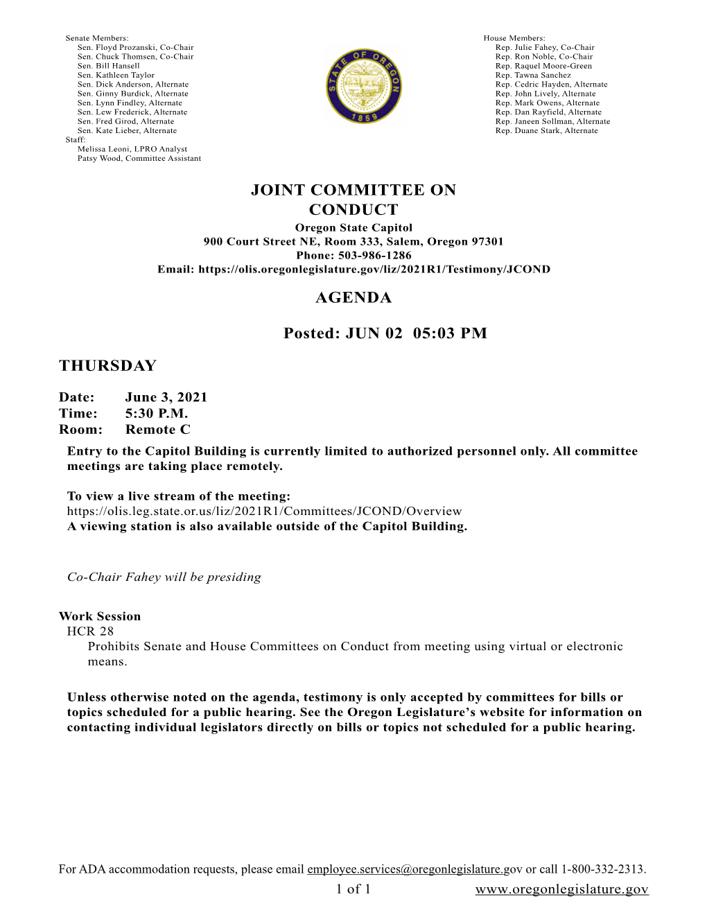 JOINT COMMITTEE on CONDUCT AGENDA Posted: JUN 02 05:03 PM