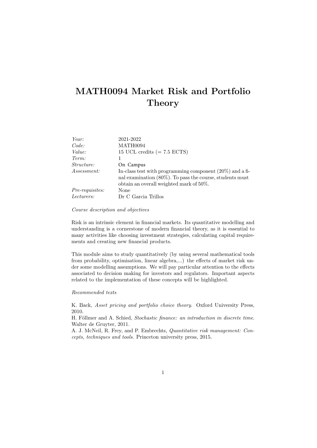 MATH0094 Market Risk and Portfolio Theory