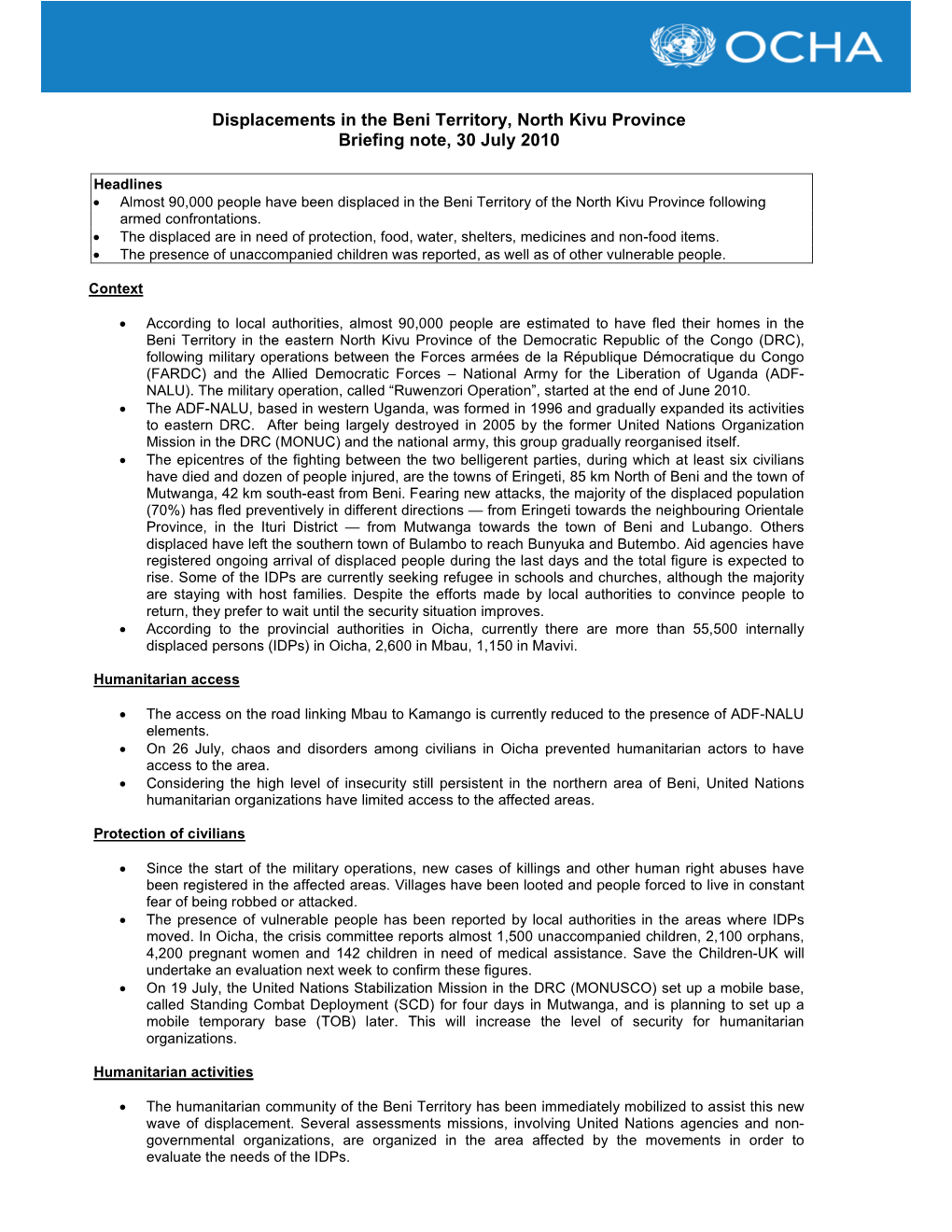 Displacements in the Beni Territory, North Kivu Province Briefing Note, 30 July 2010