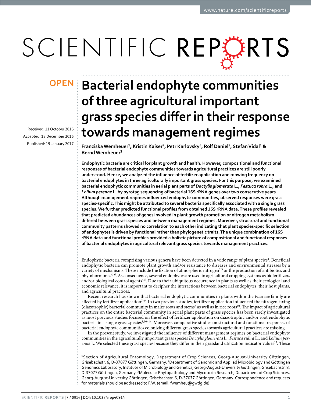 Bacterial Endophyte Communities of Three Agricultural Important Grass