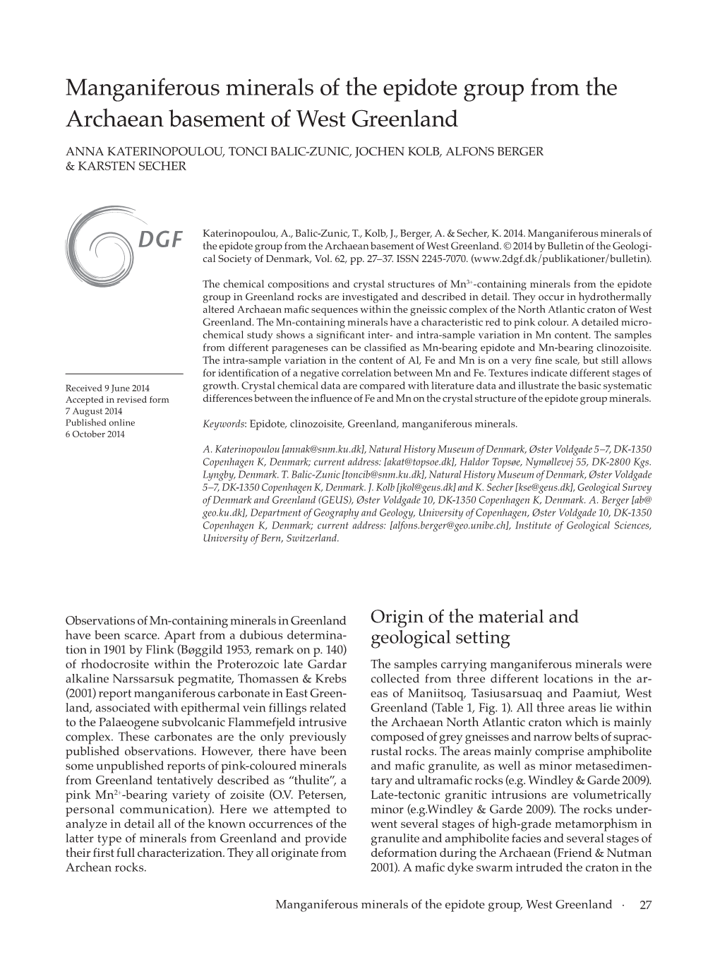 Manganiferous Minerals of the Epidote Group from the Archaean