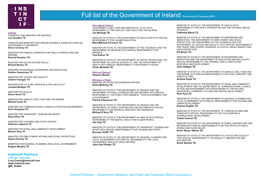 Full List of the Government of Ireland Correct As of 15 January 2018