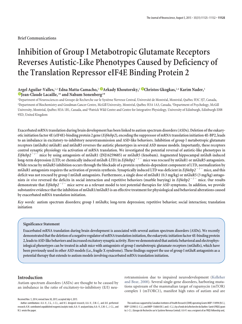 Inhibition of Group I Metabotropic Glutamate Receptors Reverses Autistic-Like Phenotypes Caused by Deficiency of the Translation Repressor Eif4e Binding Protein 2