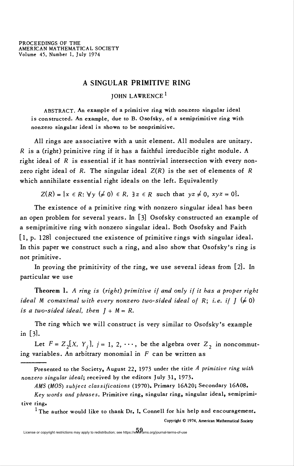 A Singular Primitive Ring 61