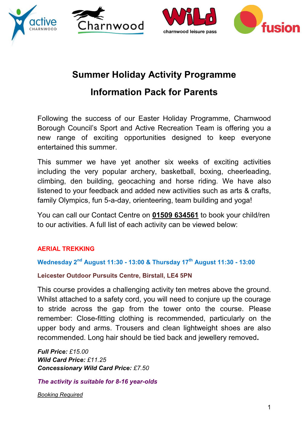 Summer Holiday Activity Programme Information Pack for Parents