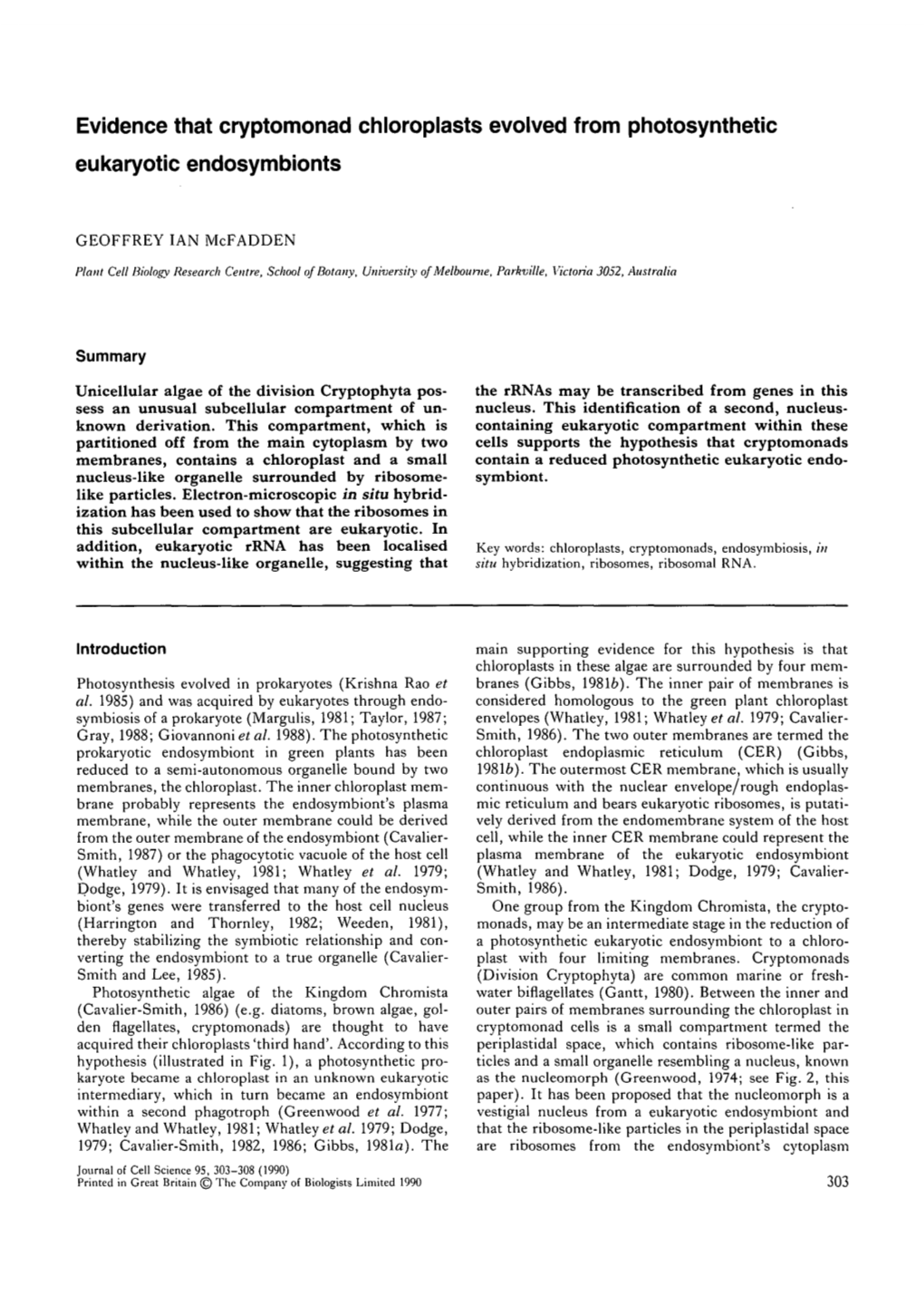 Evidence That Cryptomonad Chloroplasts Evolved from Photosynthetic Eukaryotic Endosymbionts