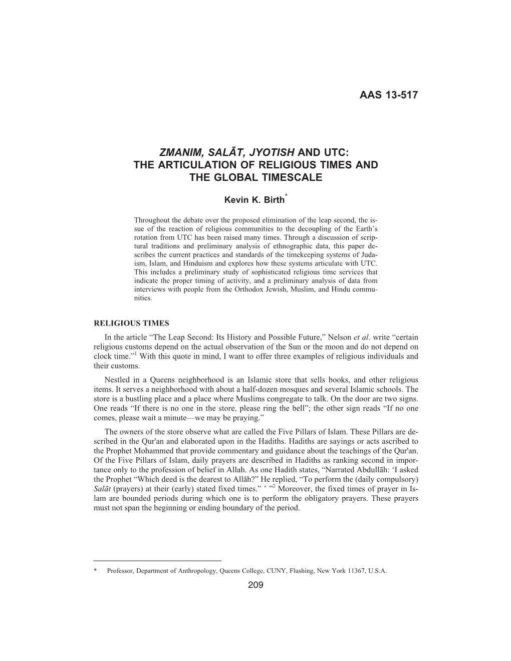 Aas 13-517 Zmanim, Salât, Jyotish and Utc: the Articulation of Religious