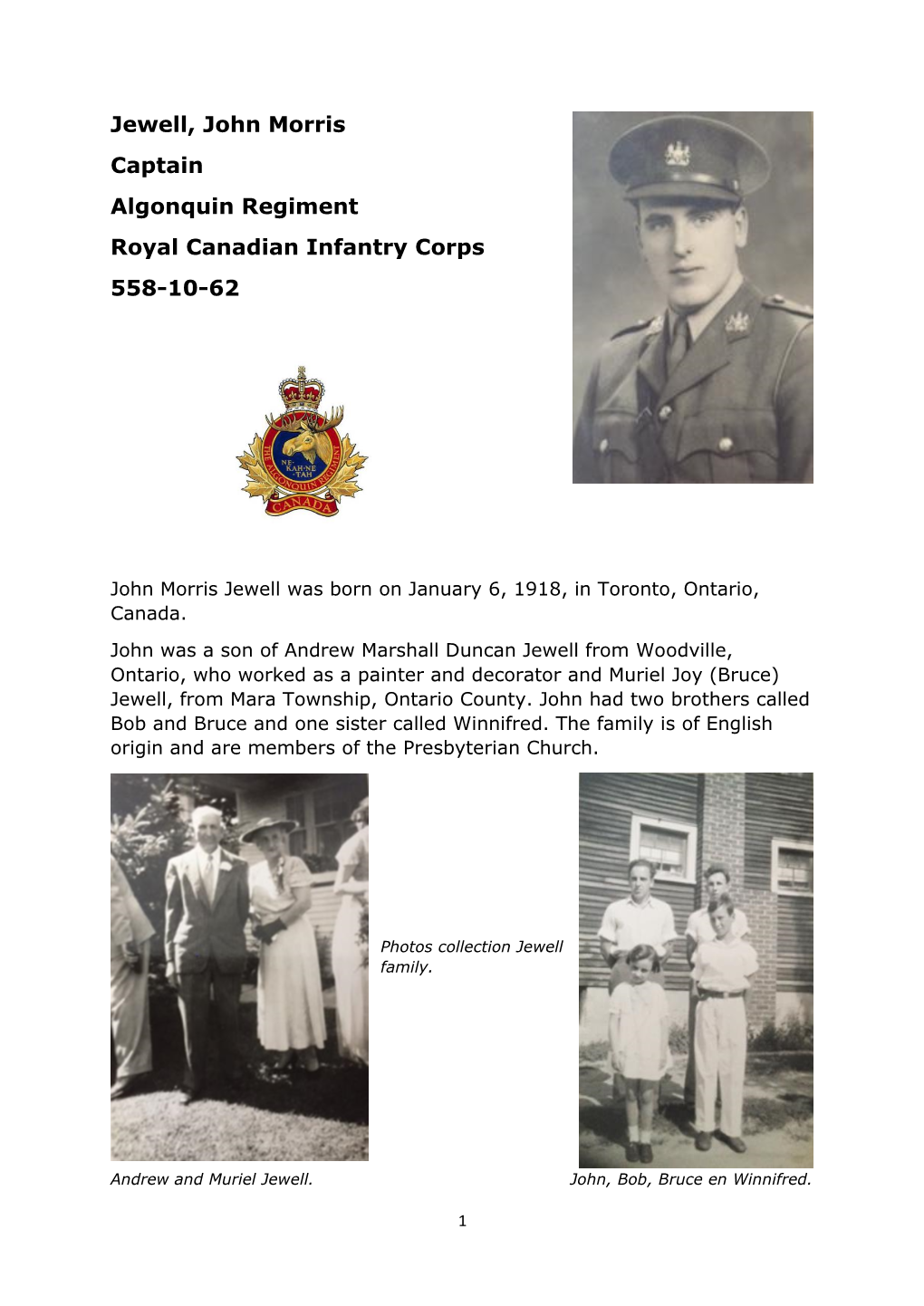 Jewell, John Morris Captain Algonquin Regiment Royal Canadian Infantry Corps 558-10-62
