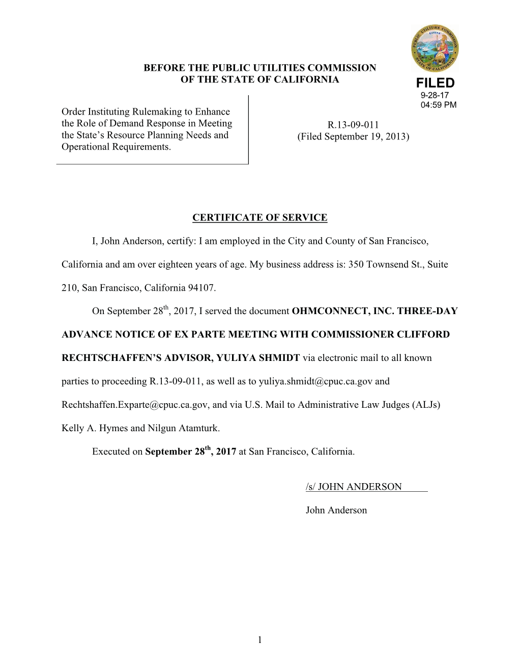 R1309011 - Cpuc - Oir to Enhanc Filer: Cpuc List Name: List Last Changed: September 26, 2017