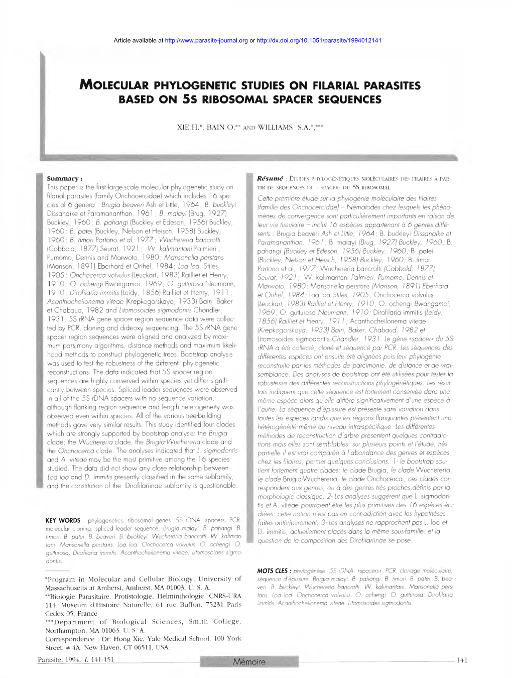 Molecular Phylogenetic Studies on Filarial Parasites