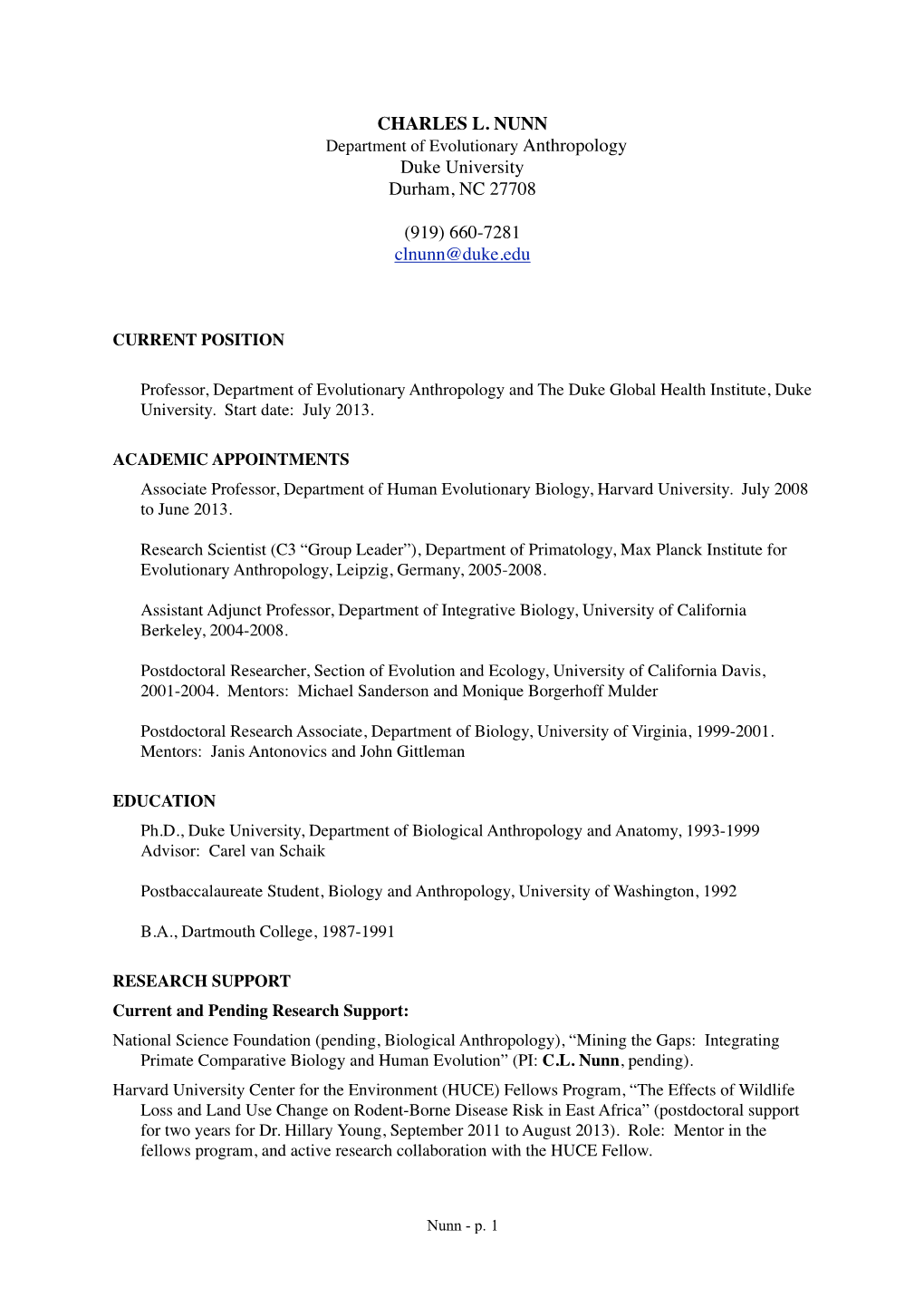 CHARLES L. NUNN Department of Evolutionary Anthropology Duke University Durham, NC 27708