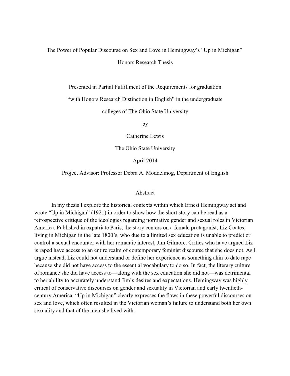 The Power of Popular Discourse on Sex and Love in Hemingway's “Up