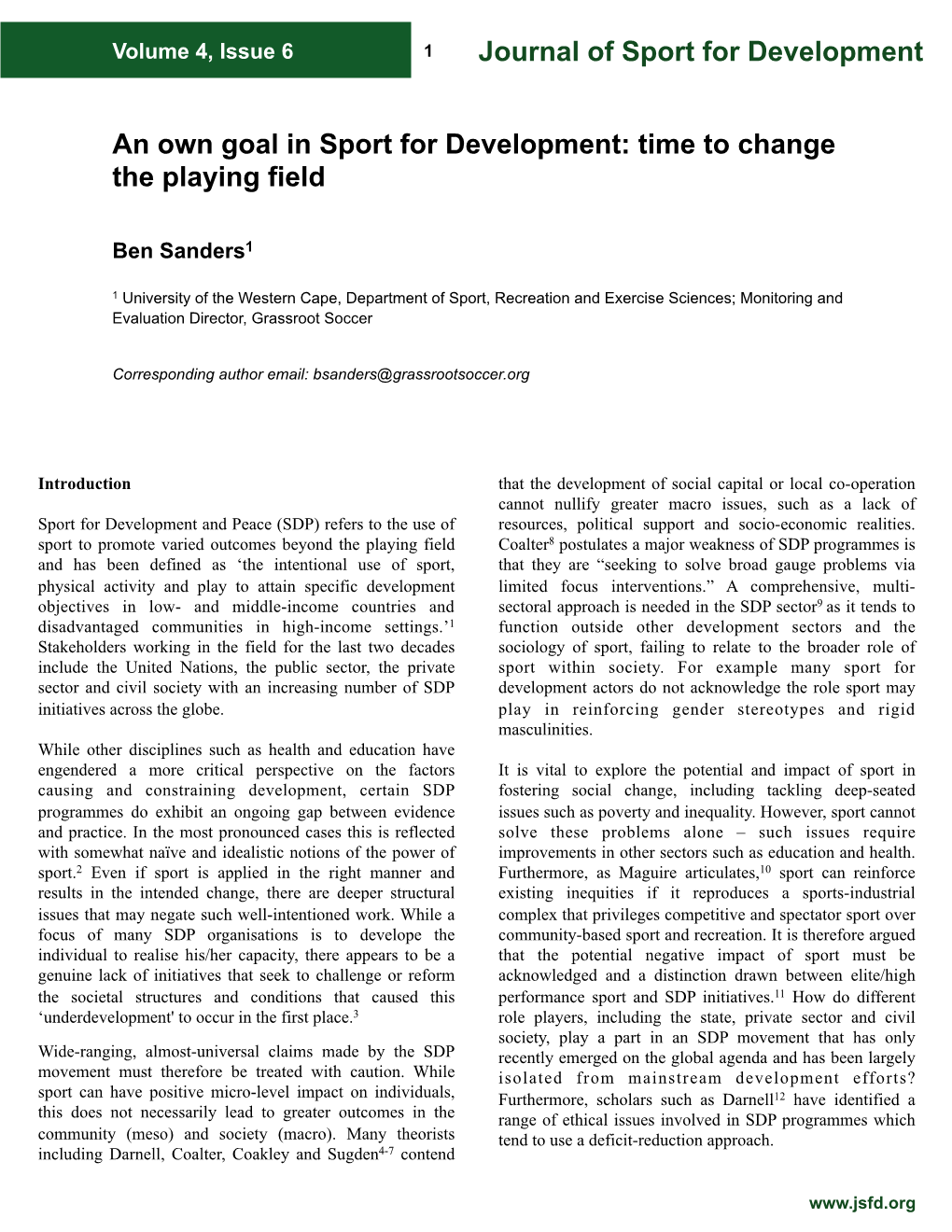 Time to Change the Playing Field Journal of Sport for Development