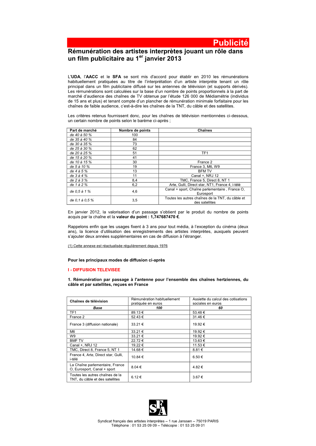 Publicité Rémunération Des Artistes Interprètes Jouant Un Rôle Dans Un Film Publicitaire Au 1Er Janvier 2013