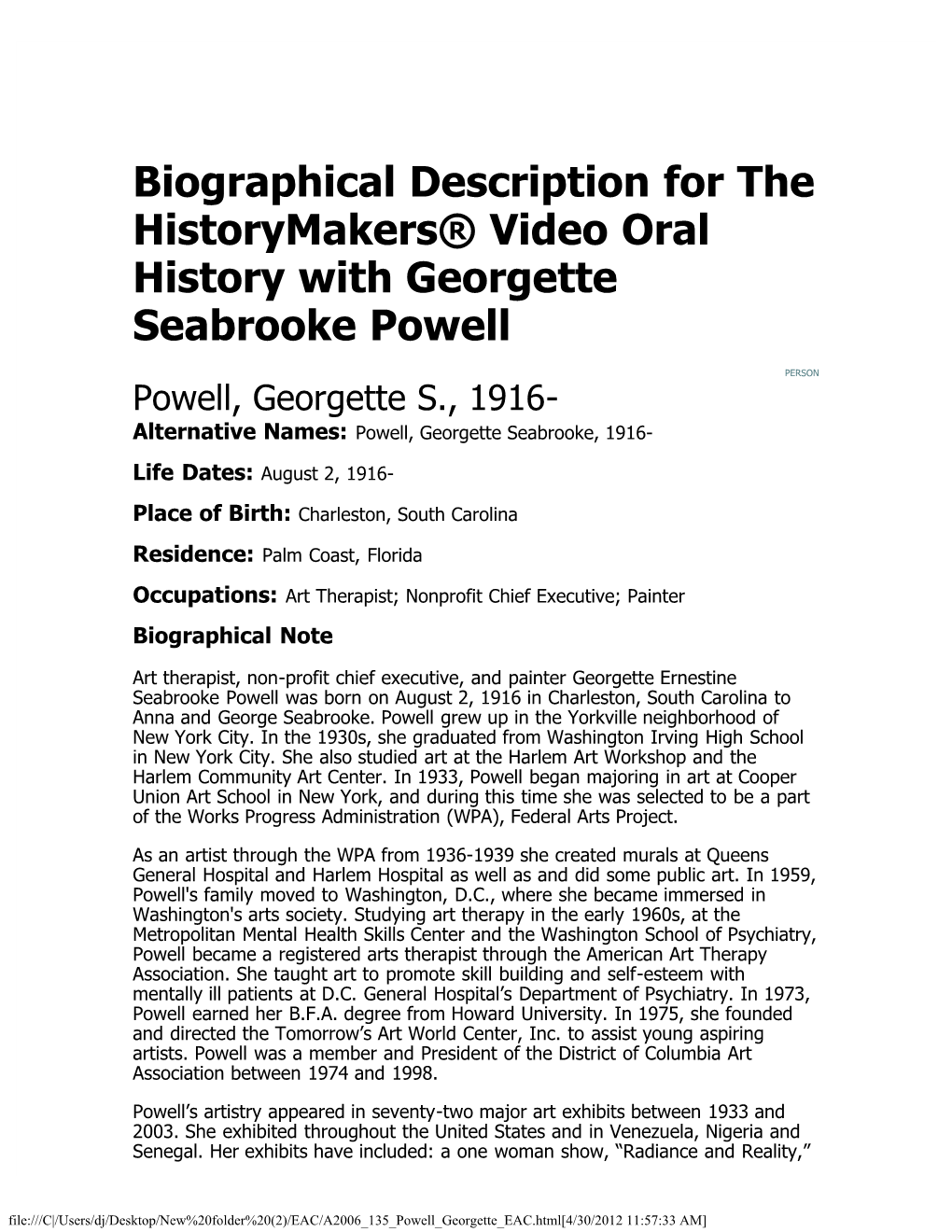 Powell, Georgette S., 1916- Alternative Names: Powell, Georgette Seabrooke, 1916