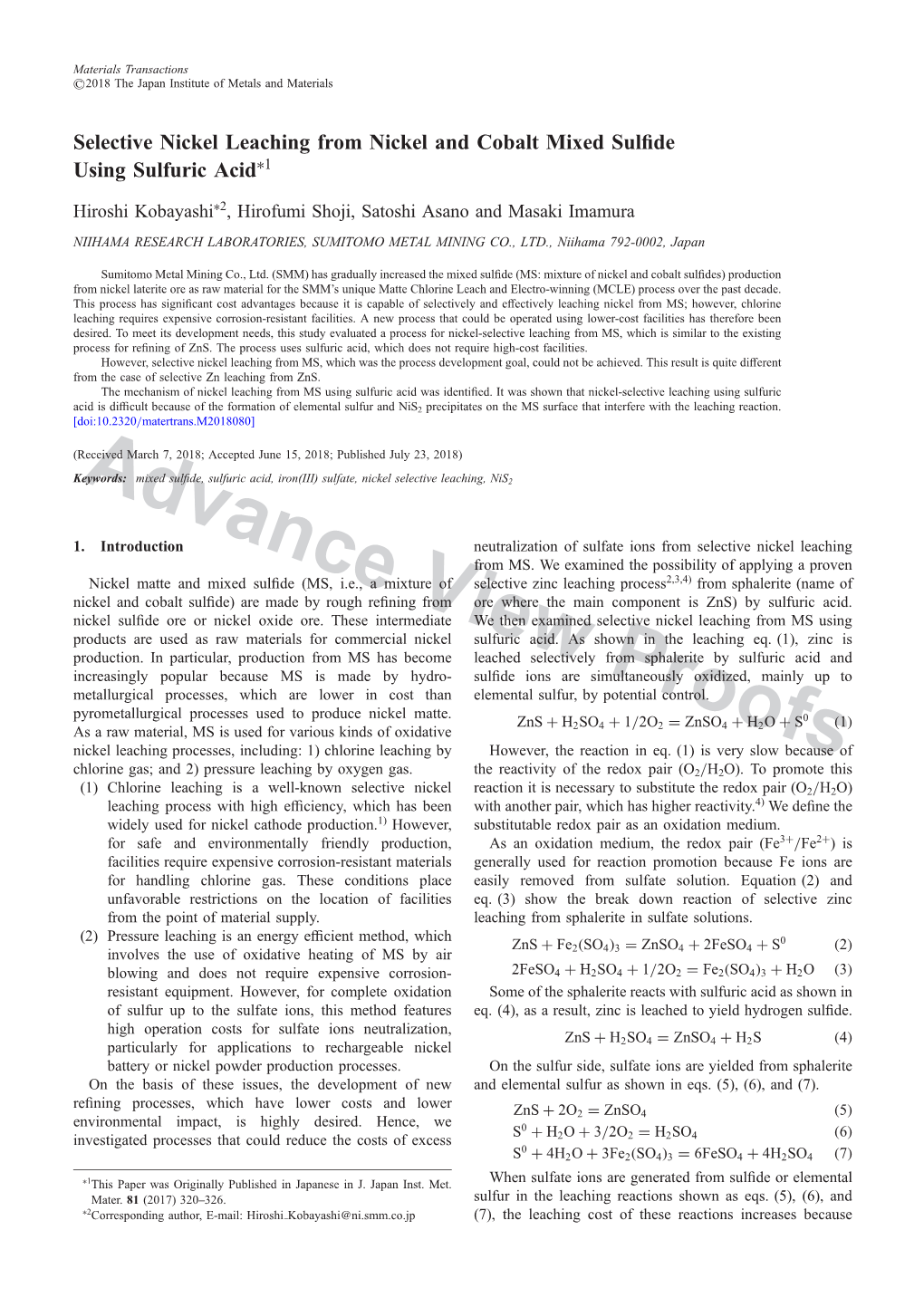 Selective Nickel Leaching from Nickel and Cobalt Mixed Sulfide