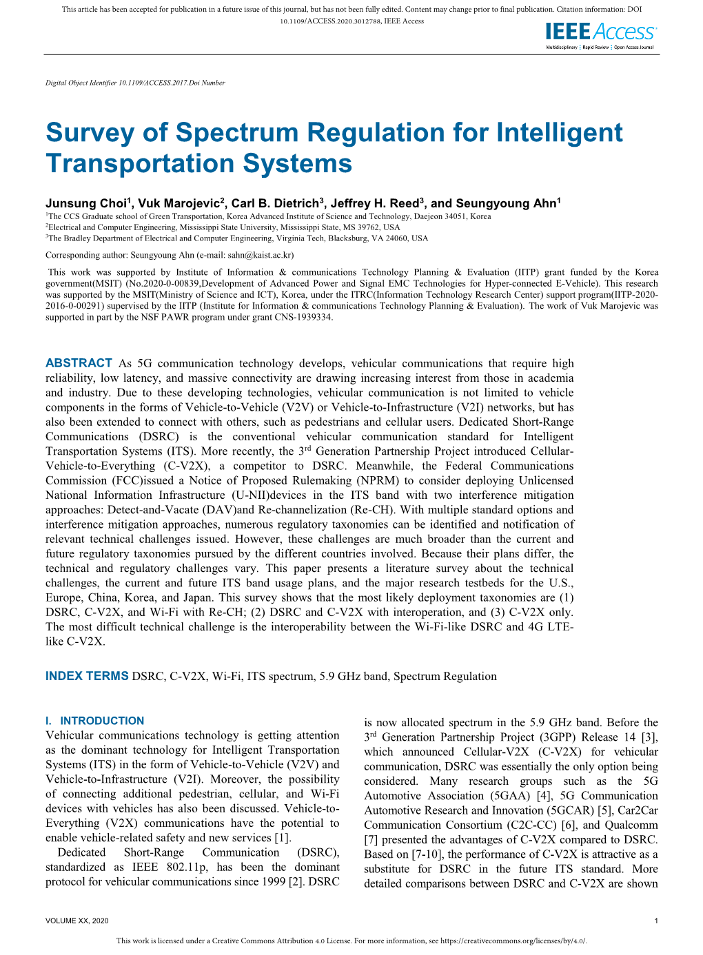 Survey of Spectrum Regulation for Intelligent Transportation Systems