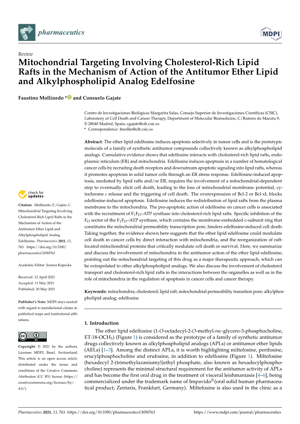 Mitochondrial Targeting Involving Cholesterol-Rich Lipid Rafts in the Mechanism of Action of the Antitumor Ether Lipid and Alkylphospholipid Analog Edelfosine