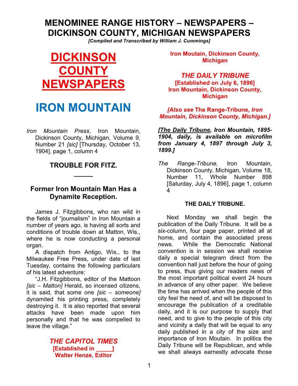 Dickinson County Newspapers Iron Mountain