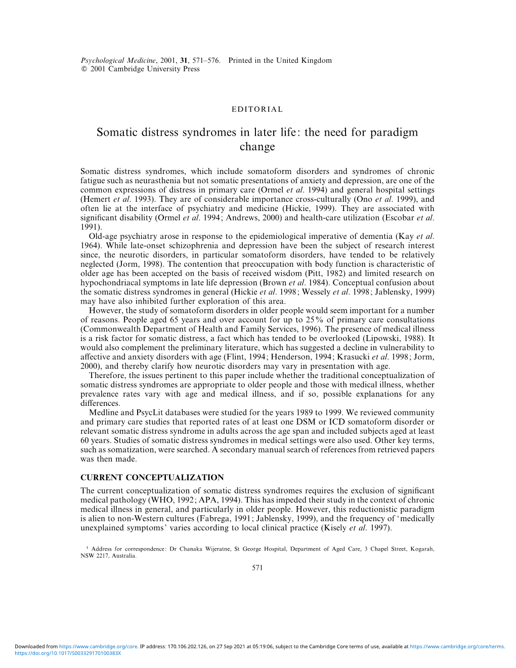 Somatic Distress Syndromes in Later Life: the Need for Paradigm Change