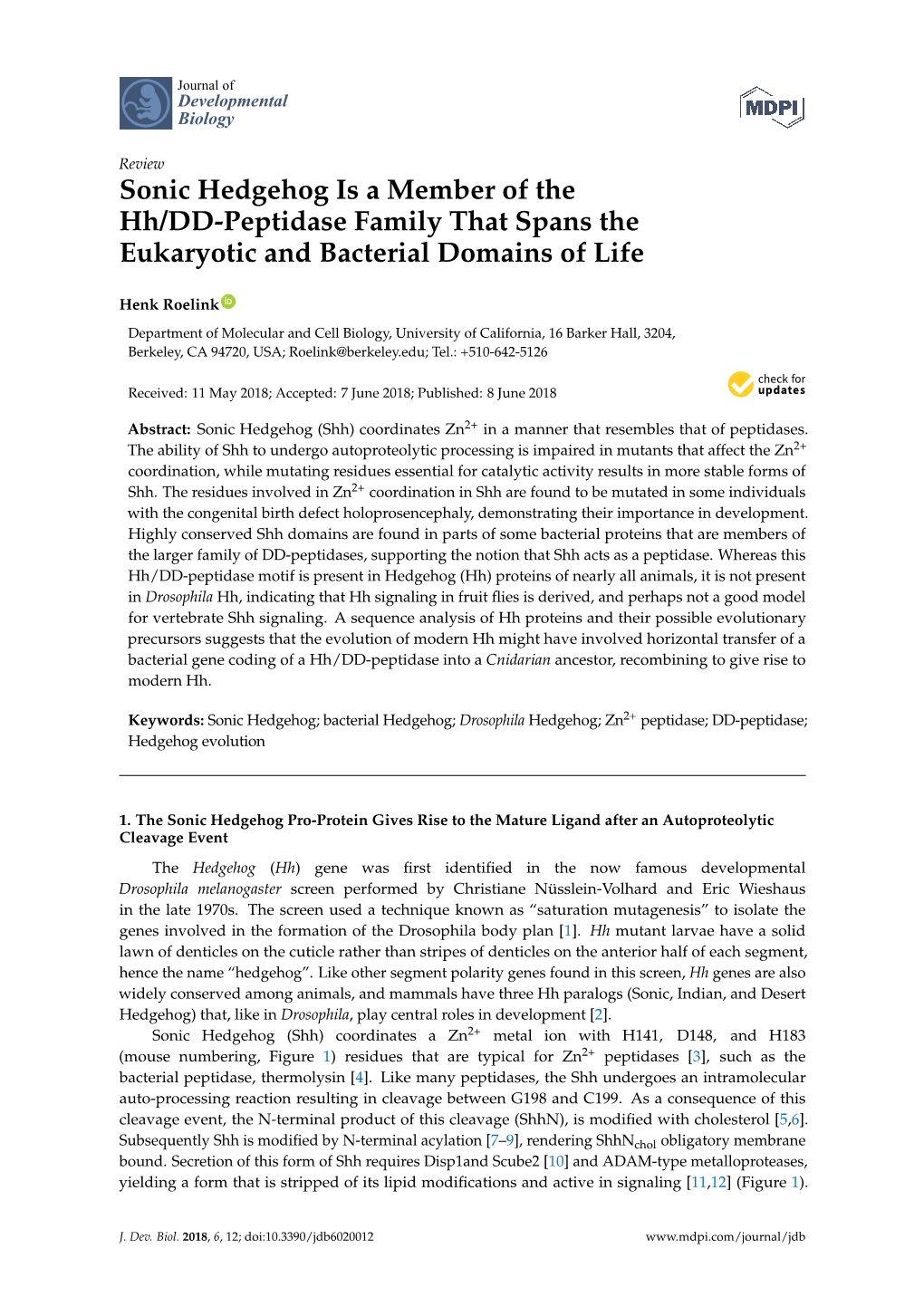 Sonic Hedgehog Is a Member of the Hh/DD-Peptidase Family That Spans the Eukaryotic and Bacterial Domains of Life