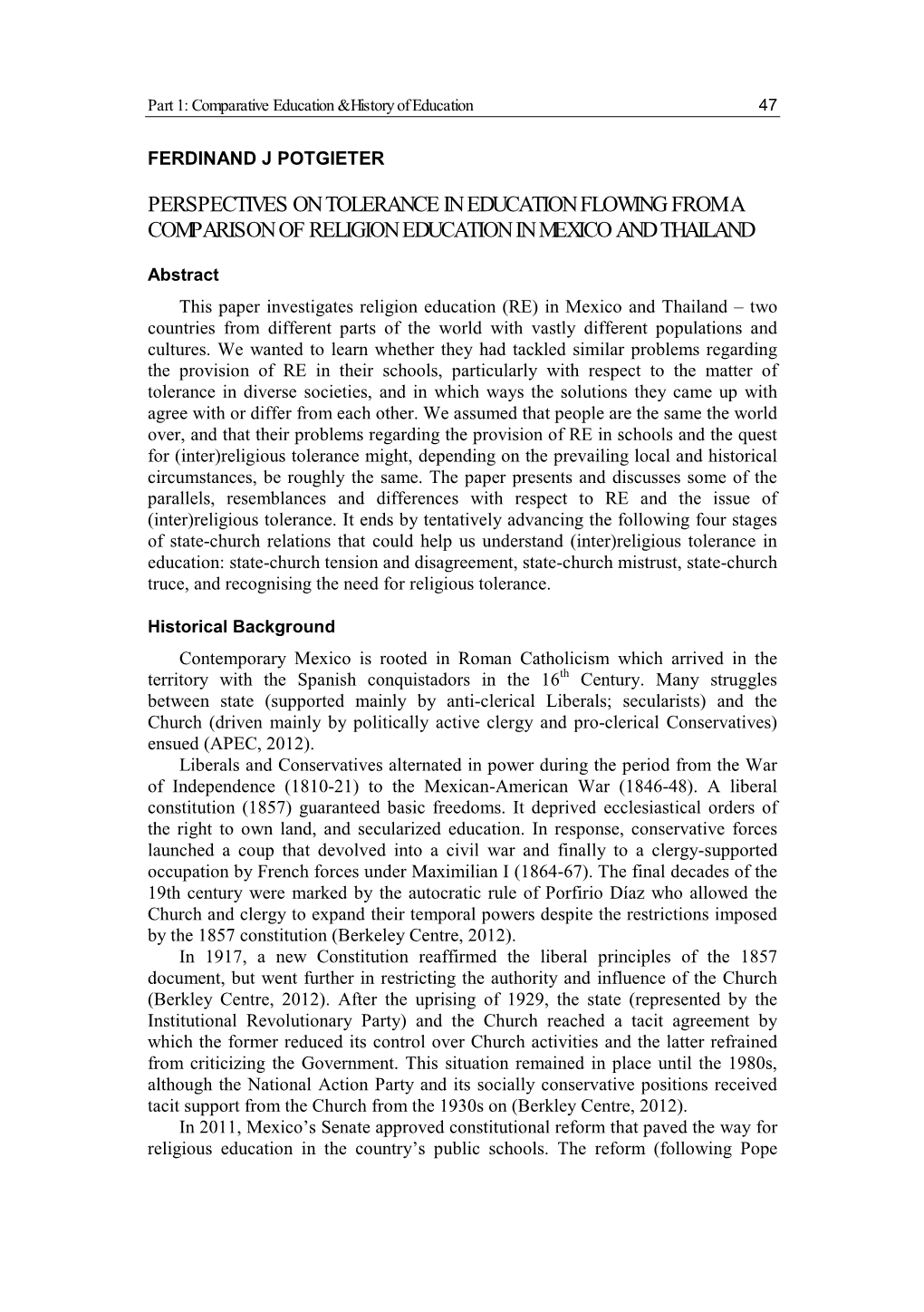 Perspectives on Tolerance in Education Flowing from a Comparison of Religion Education in Mexico and Thailand