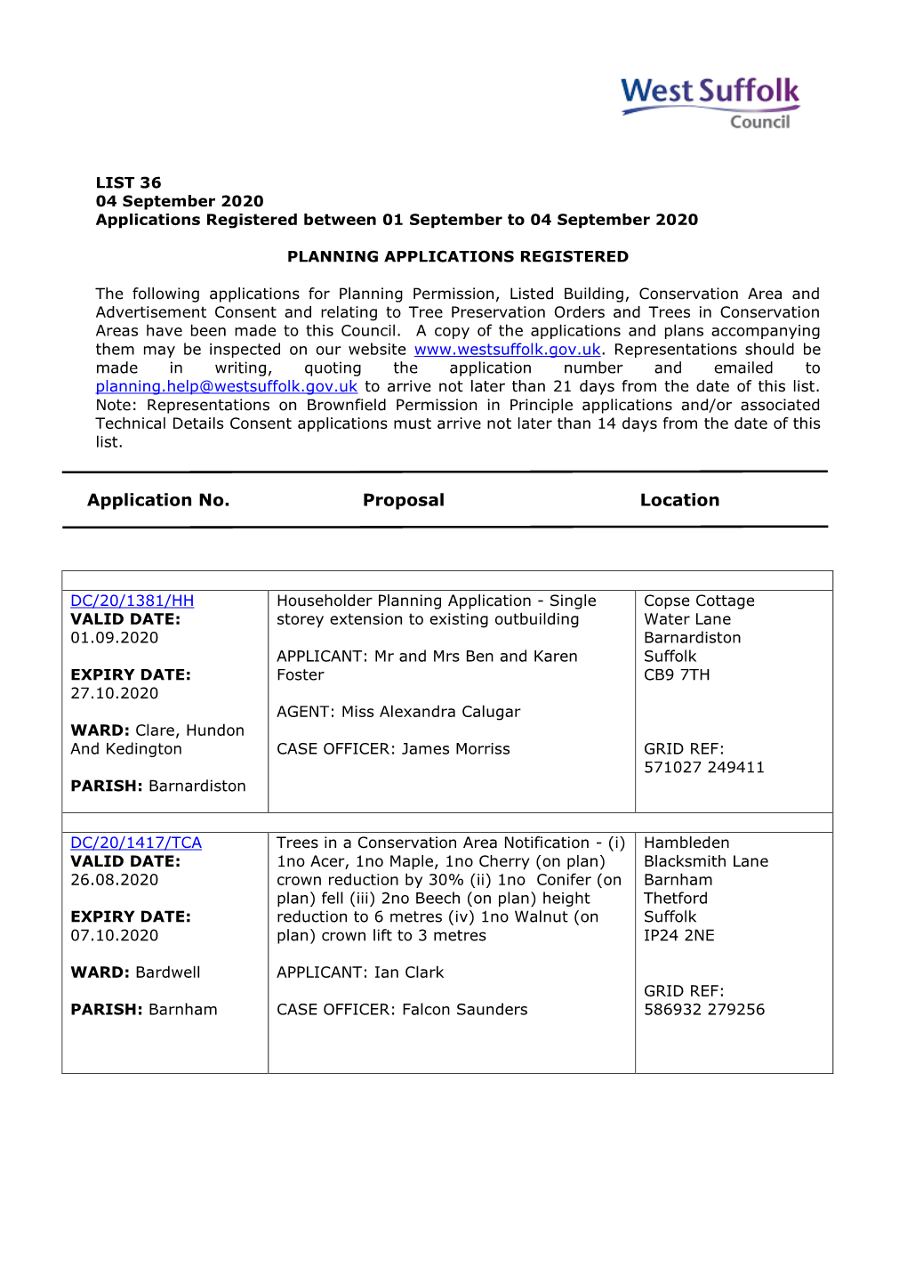 WSC Planning Applications 36/20