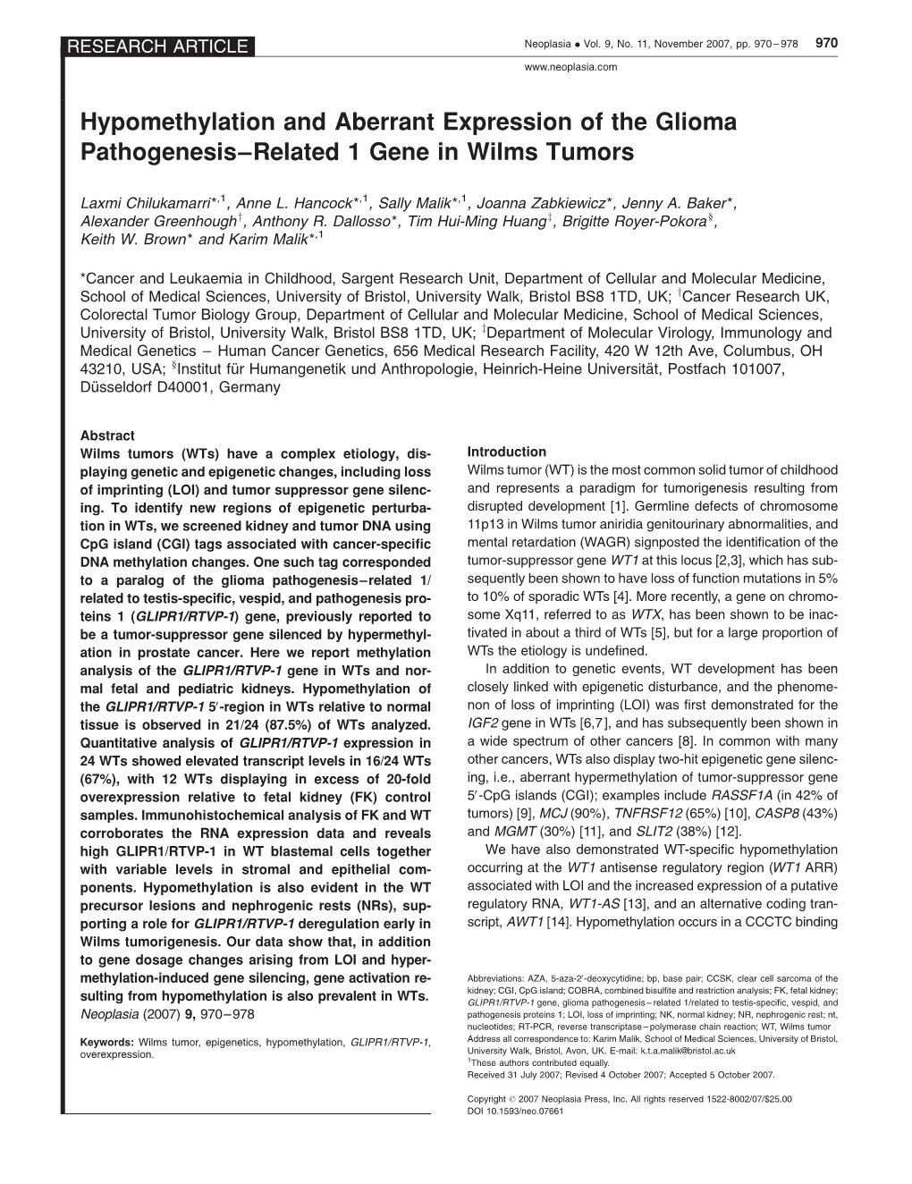 Hypomethylation and Aberrant Expression of the Glioma Pathogenesis–Related 1 Gene in Wilms Tumors