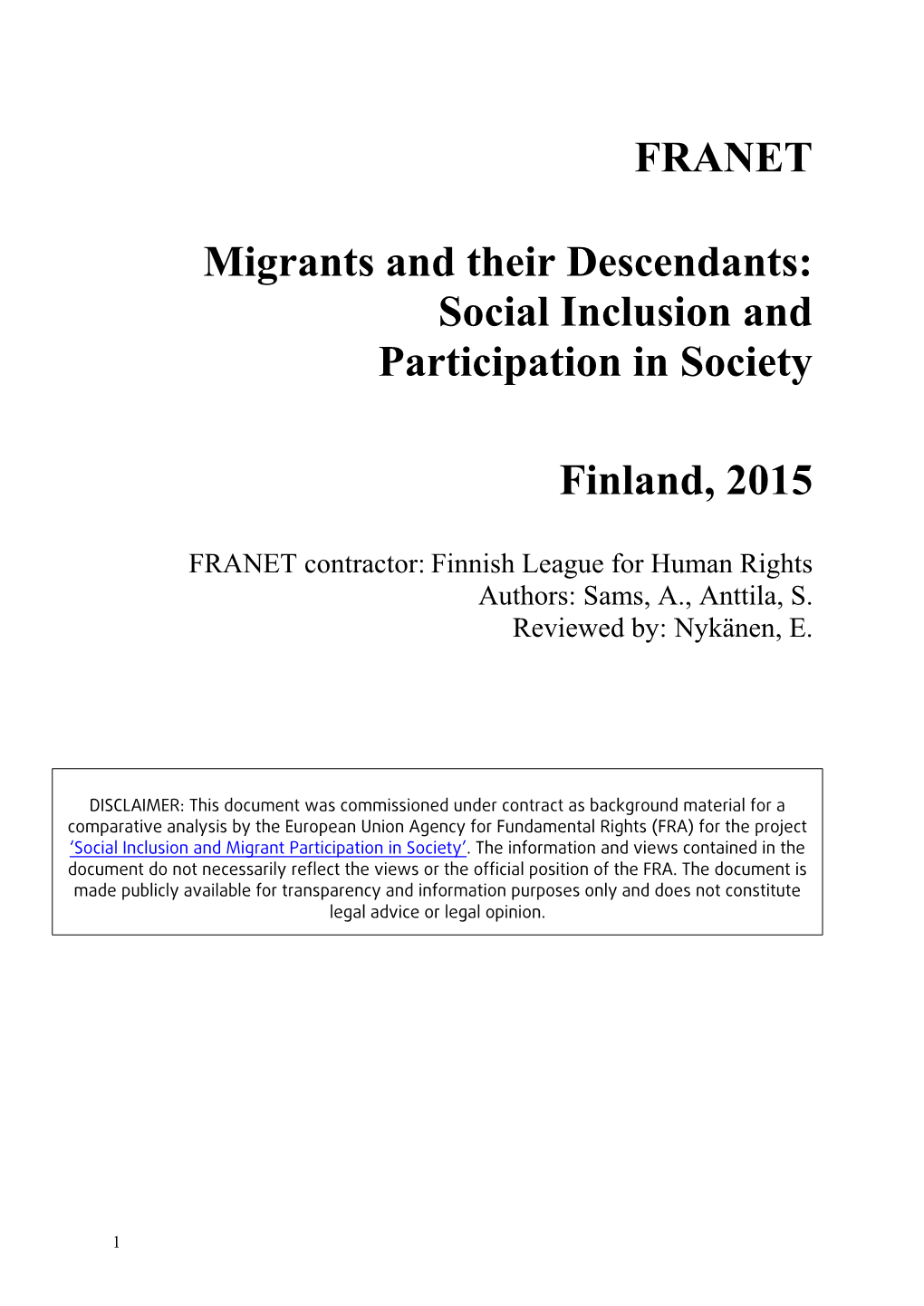 Social Inclusion and Participation in Society Finland, 2015