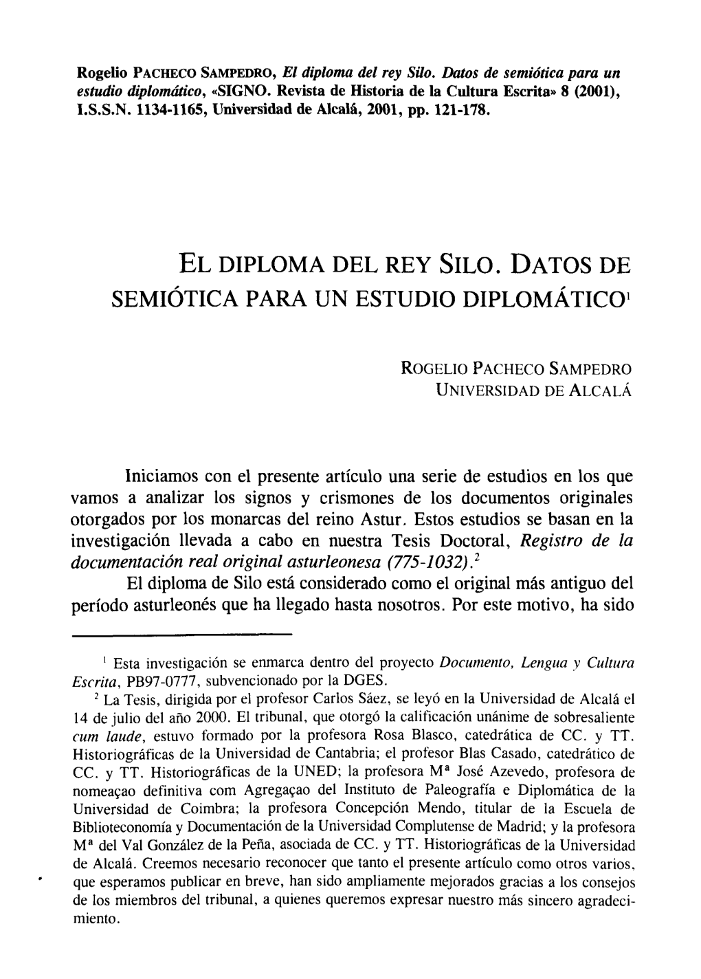 El Diploma Del Rey Silo. Datos De Semiótica Para Un Estudio Diplomático, «SIGNO