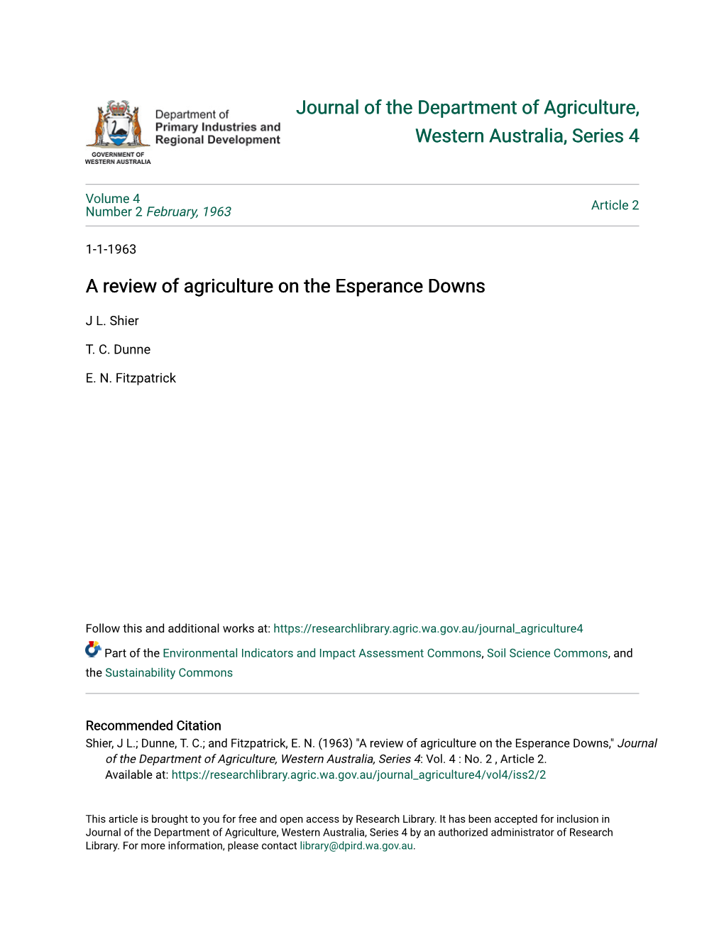 A Review of Agriculture on the Esperance Downs