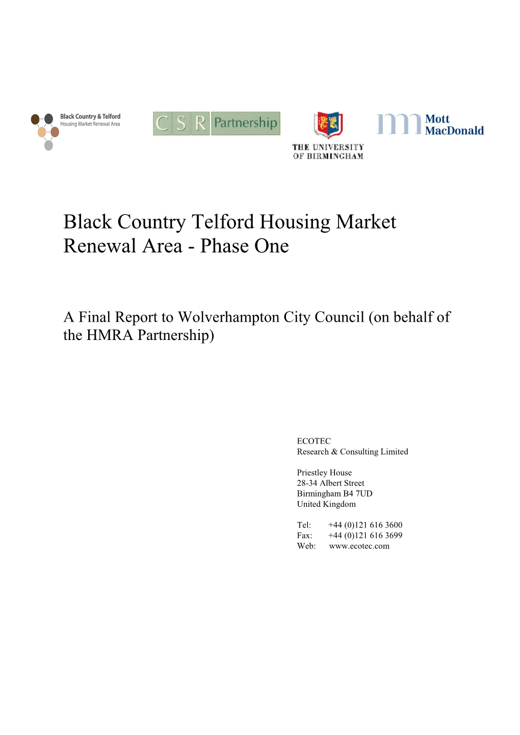 Black Country Telford Housing Market Renewal Area - Phase One