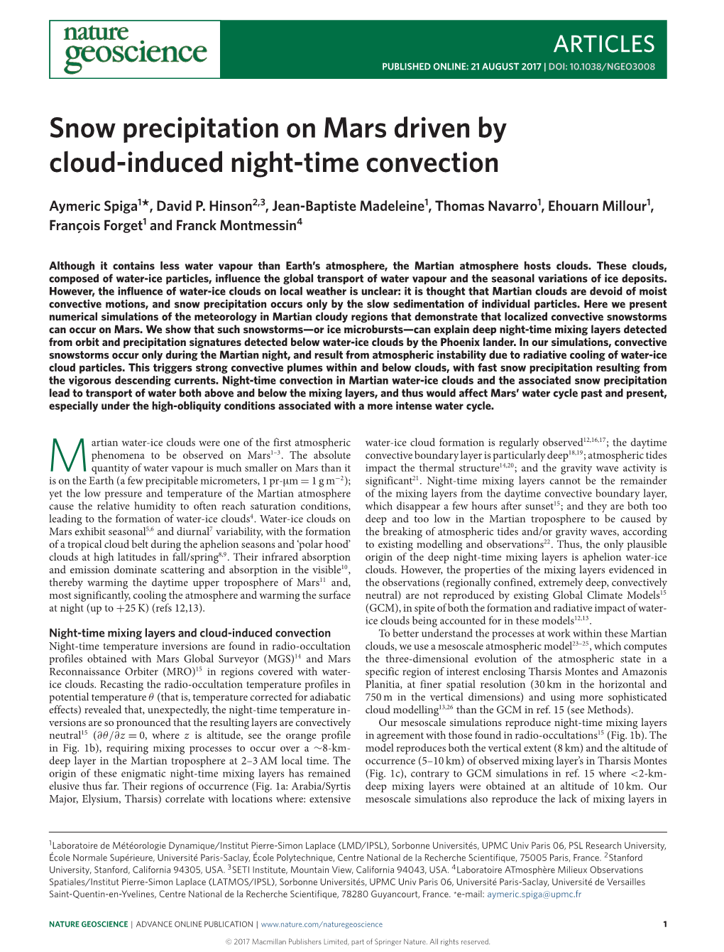 Snow Precipitation on Mars Driven by Cloud-Induced Night-Time Convection